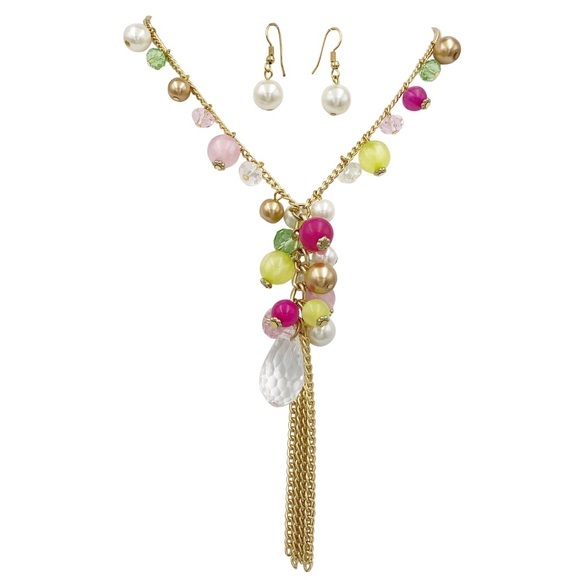 Pink Green Beaded Gold Tassel Necklace Earring Set - Picture 1 of 3